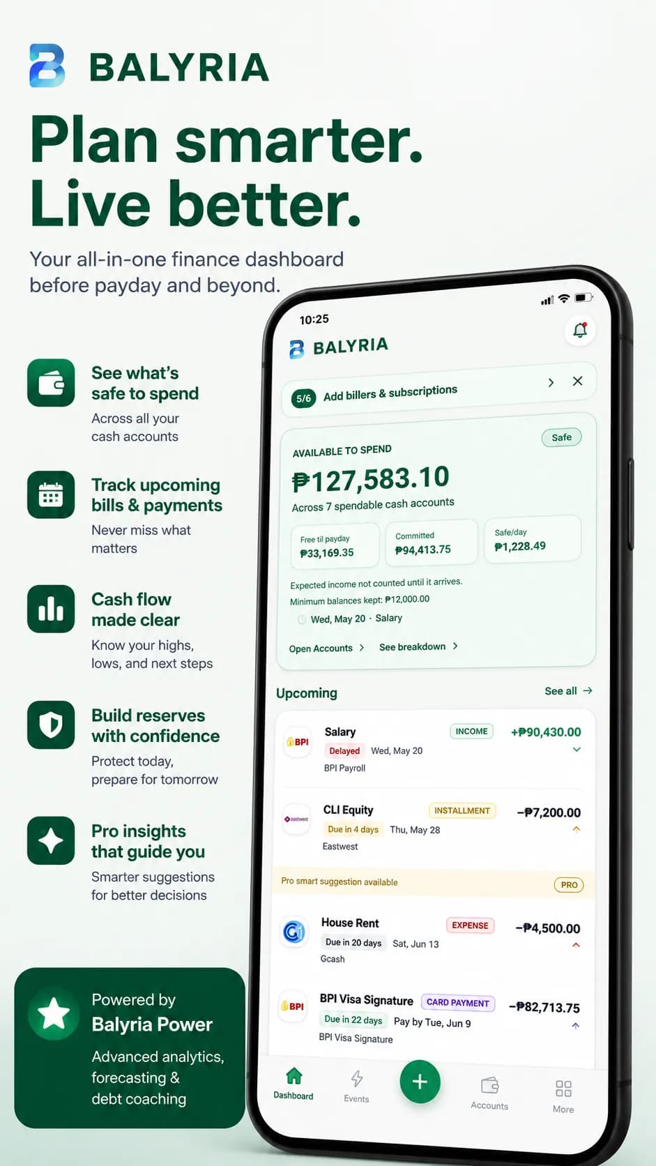 Balyria personal finance app showing bills, income, and a payday forecast